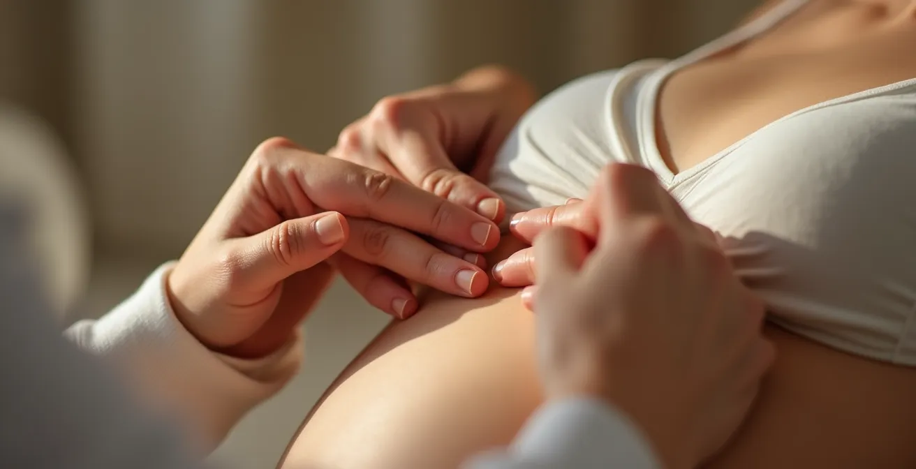 Mother demonstrating hands-on pumping technique with breast massage