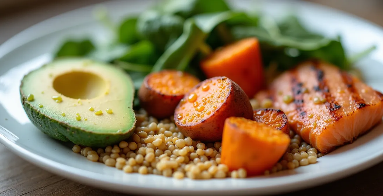 Close-up macro shot of a balanced pregnancy meal plate showing textures of healthy foods