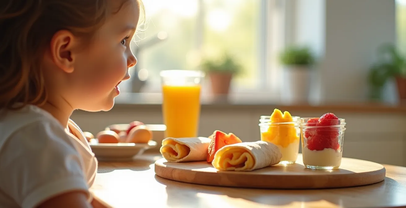 A bright kitchen counter displaying various protein-rich breakfast options arranged aesthetically