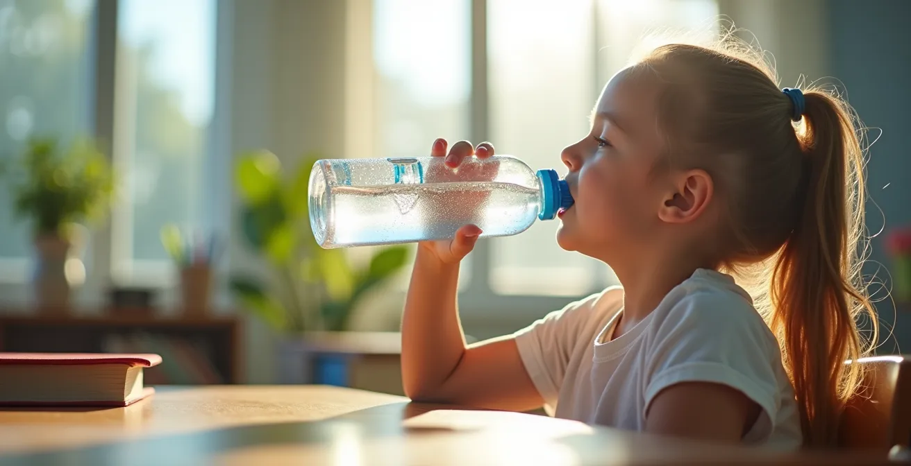 School-aged child drinking from reusable water bottle in bright classroom setting