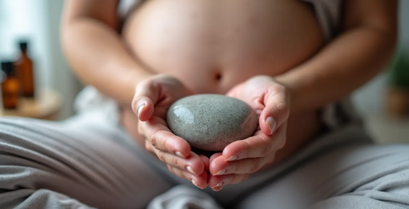 Close-up of a pregnant woman's hands gently cradling a smooth river stone, illustrating a sensory grounding technique.