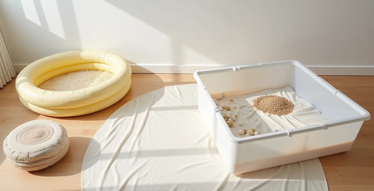 Creative sensory play setup showing various containment systems for mess-free exploration