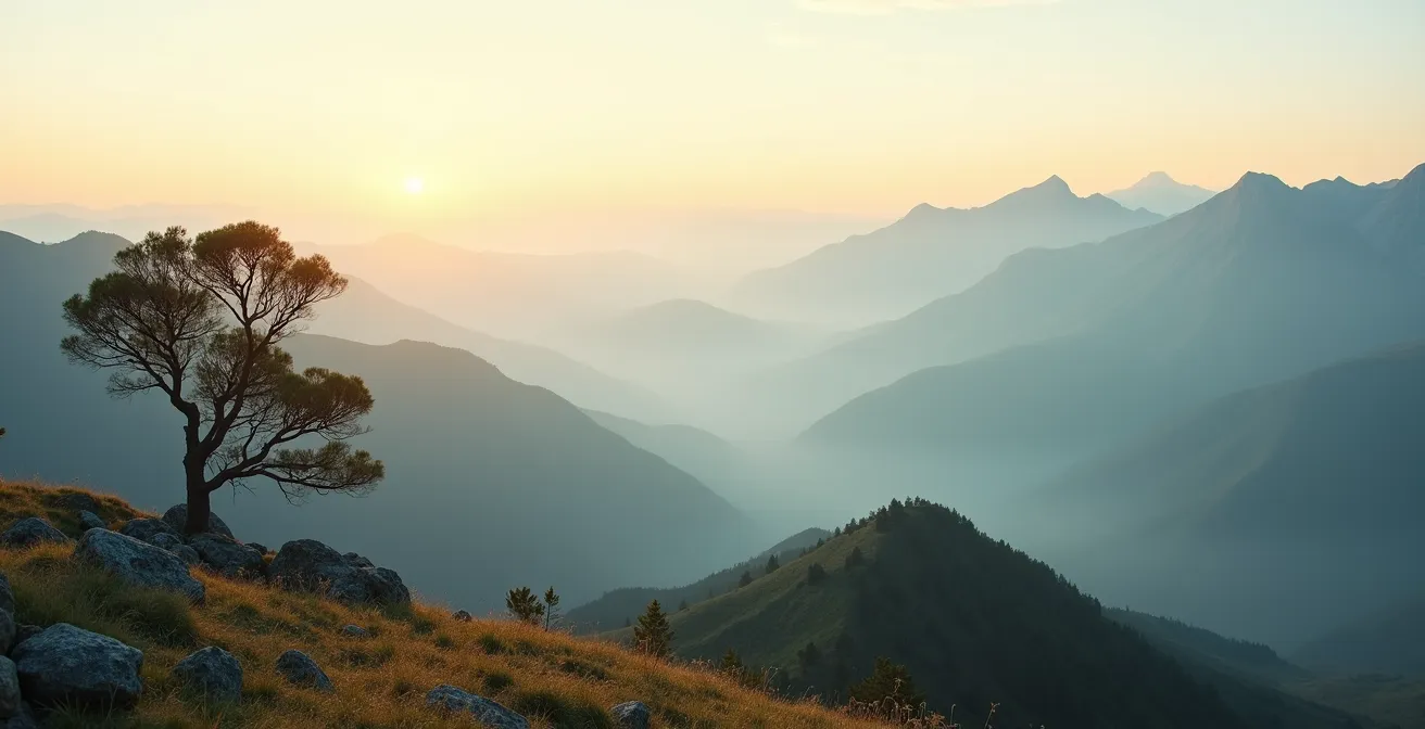 Wide landscape view of peaceful mountain vista with morning mist