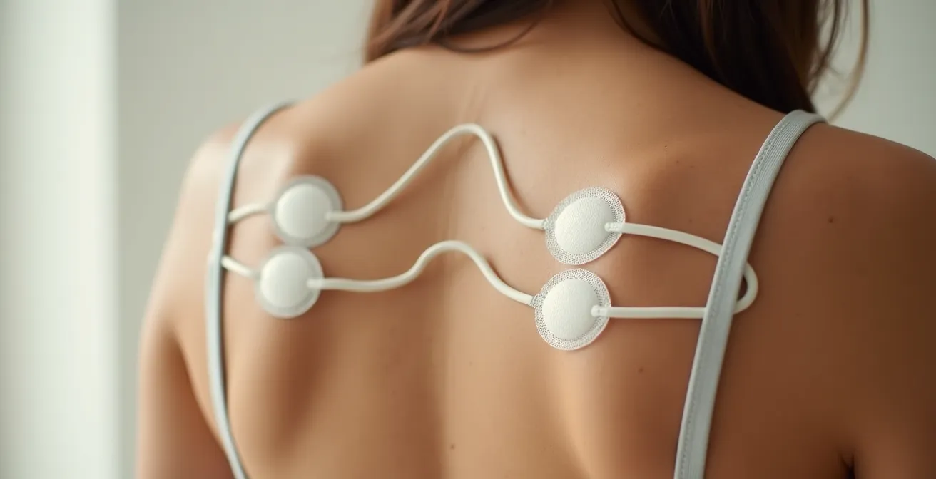 Close-up of TENS electrode pads positioned on lower back for labor pain relief