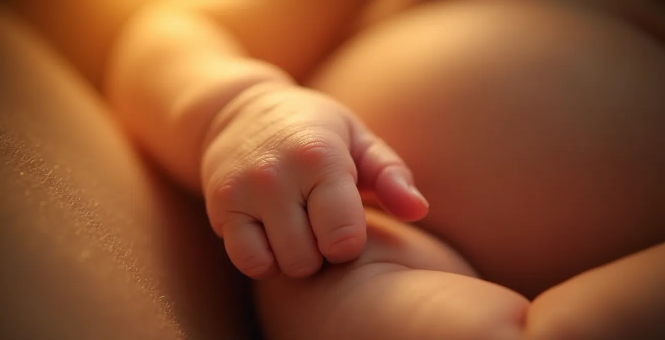 Macro view of infant skin against parent chest showing warmth transfer