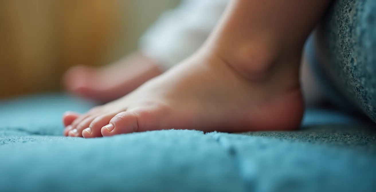 A close-up macro shot of a toddler's bare foot pressing into a soft blue cushion, showing the toes gripping the fabric.