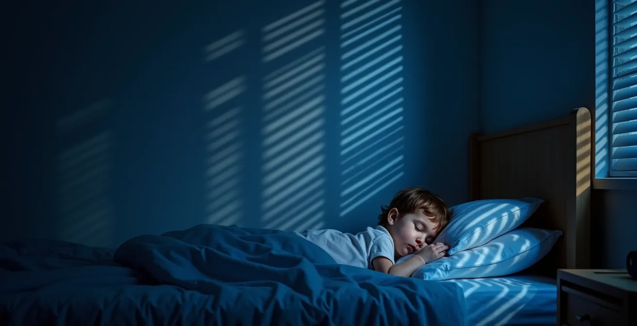 Peaceful toddler sleeping with soft ambient lighting in bedroom