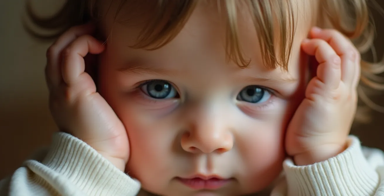 Close-up of child's hands gently covering ears showing emotional overwhelm