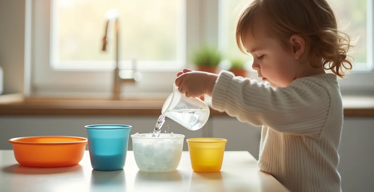 Toddler pouring water between containers in kitchen learning activity