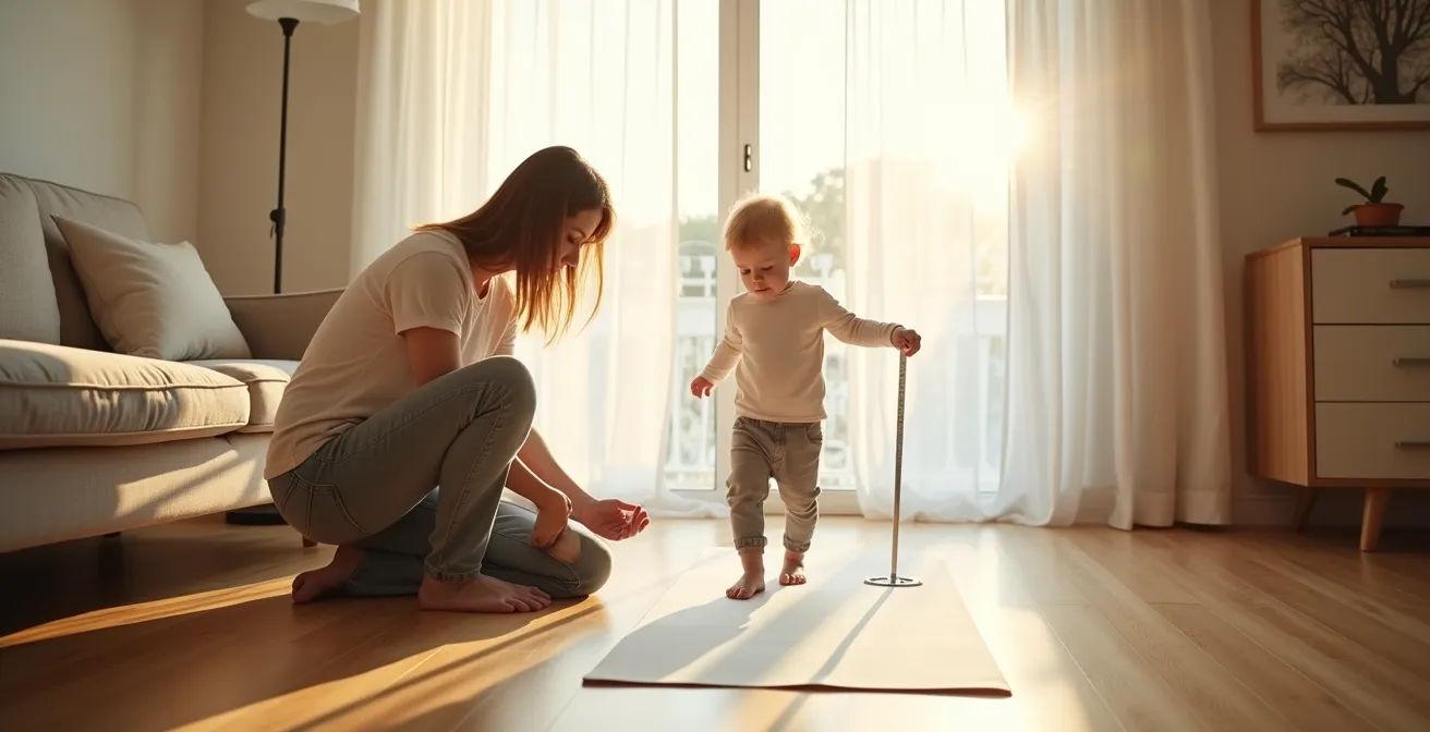 Parent measuring a standing toddler's foot on a piece of white paper, with soft afternoon light streaming in.