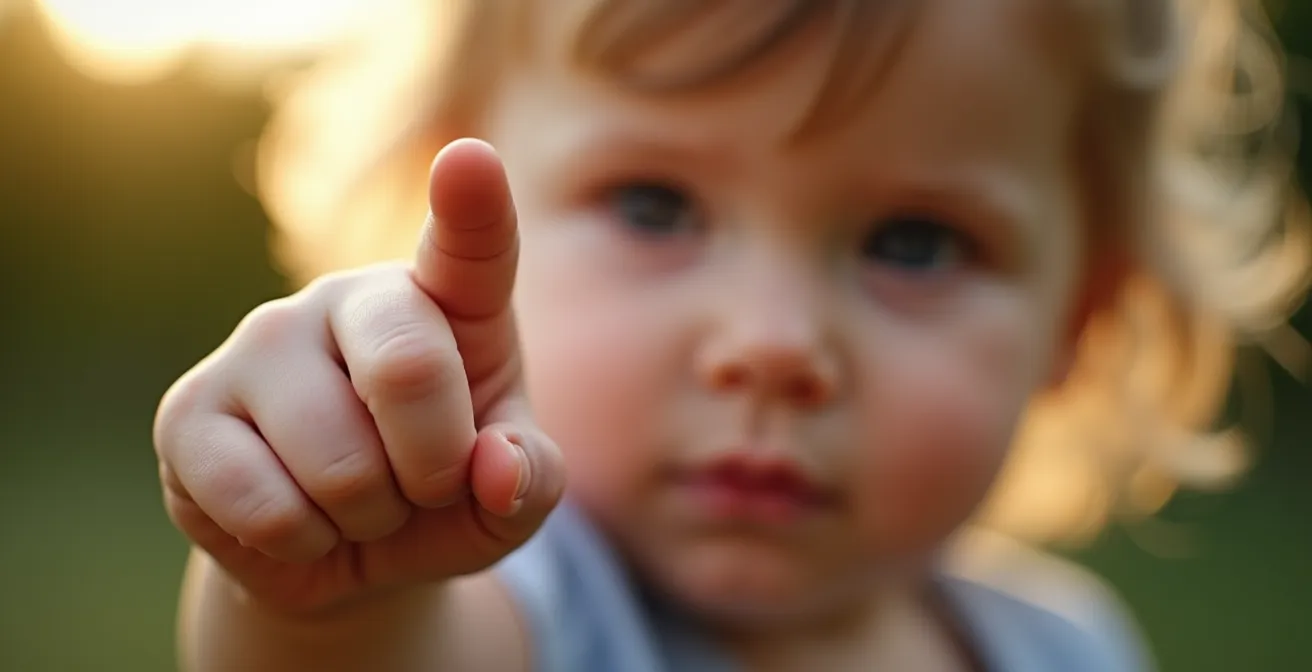 Toddler pointing at bird while looking back at parent to share attention