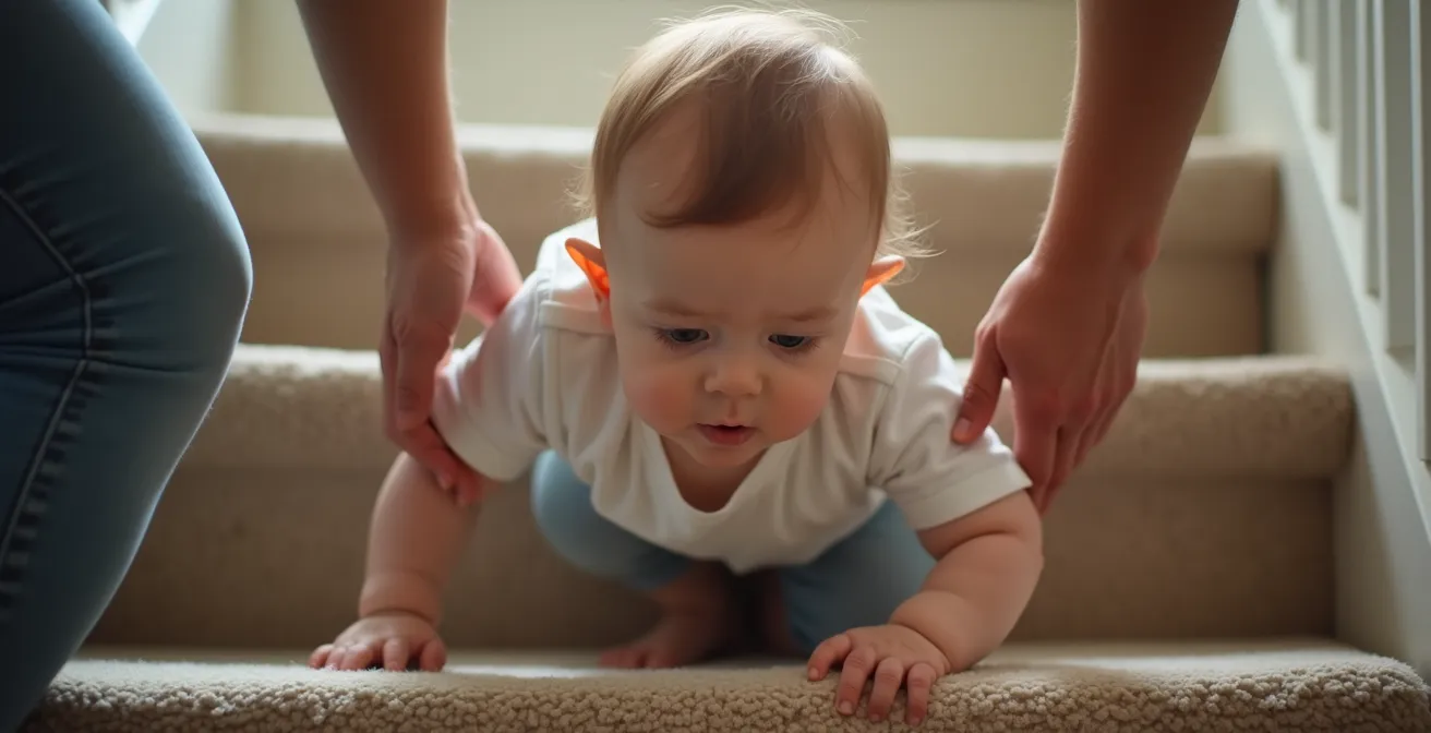 Toddler demonstrating safe backwards stair descent technique with parent supervision