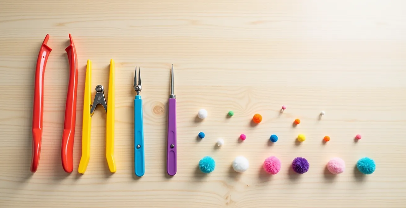 Array of fine motor tools arranged from large tongs to small tweezers on wooden surface