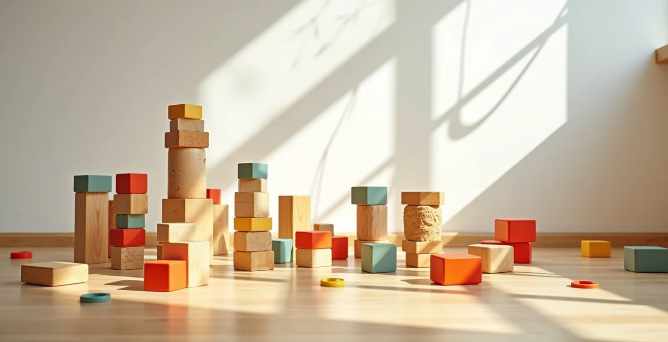 Child building hybrid structure using wooden blocks as a foundation with magnetic tile walls