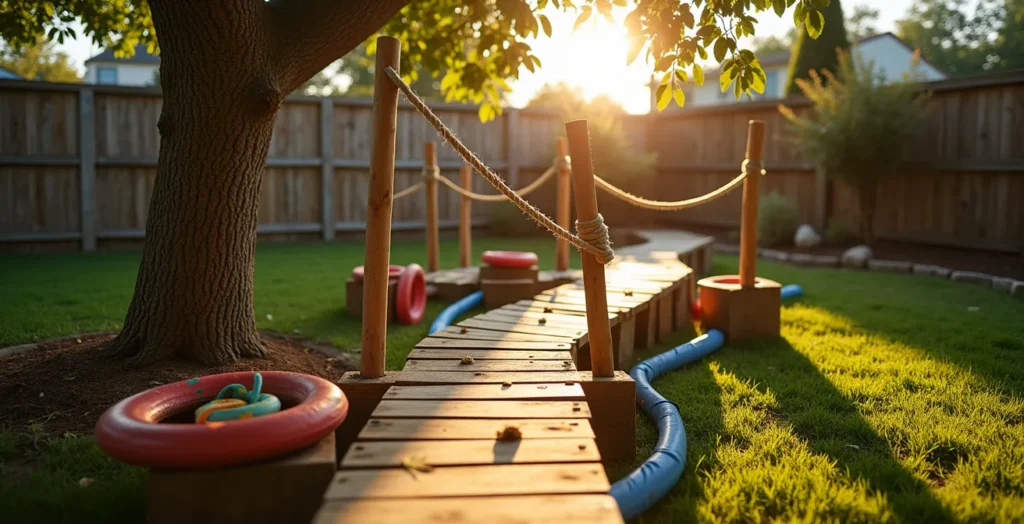 Homemade obstacle course with rope swings, balance beams, and climbing structures in a backyard Homemade obstacle course with rope swings, balance beams, and climbing structures in a backyard